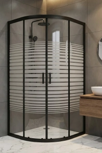 Oval Çizgili Desenli 5 mm Temperli Cam Mat Siyah Profilli Duşakabin 190 cm Teknesiz